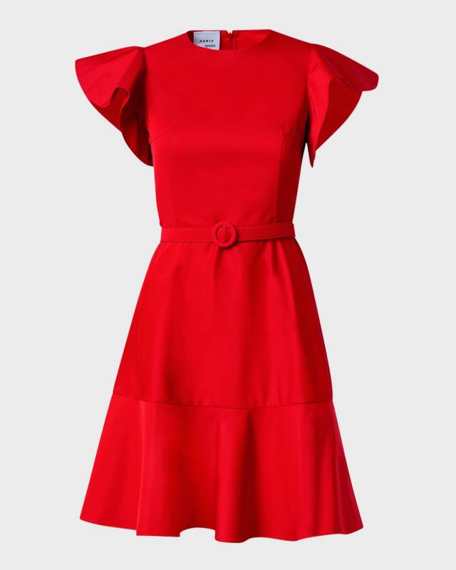 Short Wing-Sleeve Belted Taffeta Ruffle-Hem Dress
